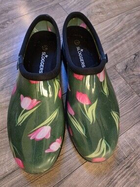 Sloggers Green Garden Clogs with Pink Tulip Print, 11